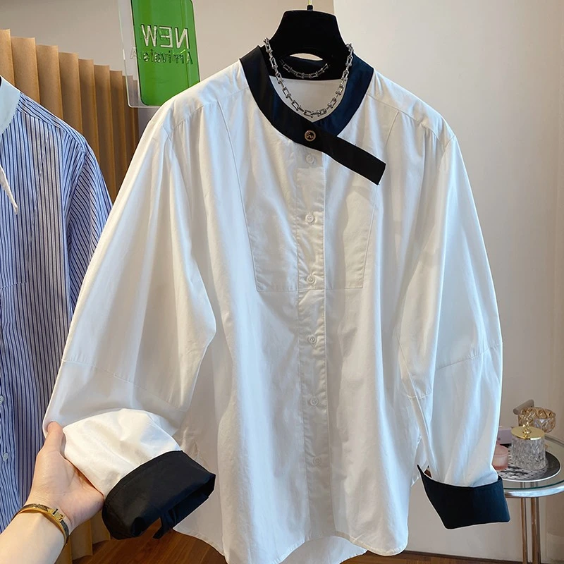 2025早春新款韩代撞色圆领长袖衬衫女内搭棉布白色打底衫漂亮上衣