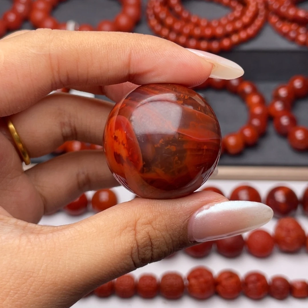 南红玛瑙未镶嵌手串Y31.8mm满肉牛血火焰单珠