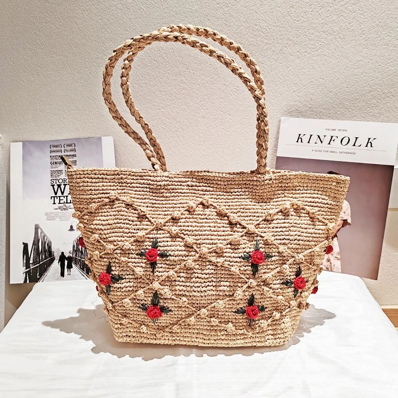 法式田园风草编包包拉菲草手工编织玫瑰花单肩包大容量手提沙滩包