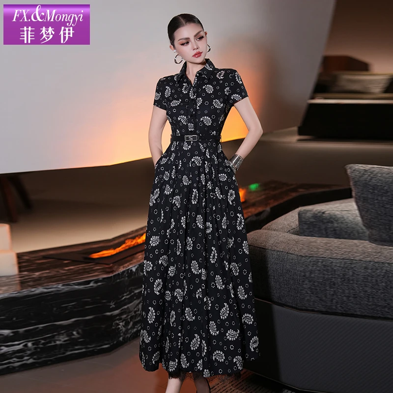 菲梦伊印花黑色衬衫连衣裙女夏装减龄高级感收腰气质A字长裙65745