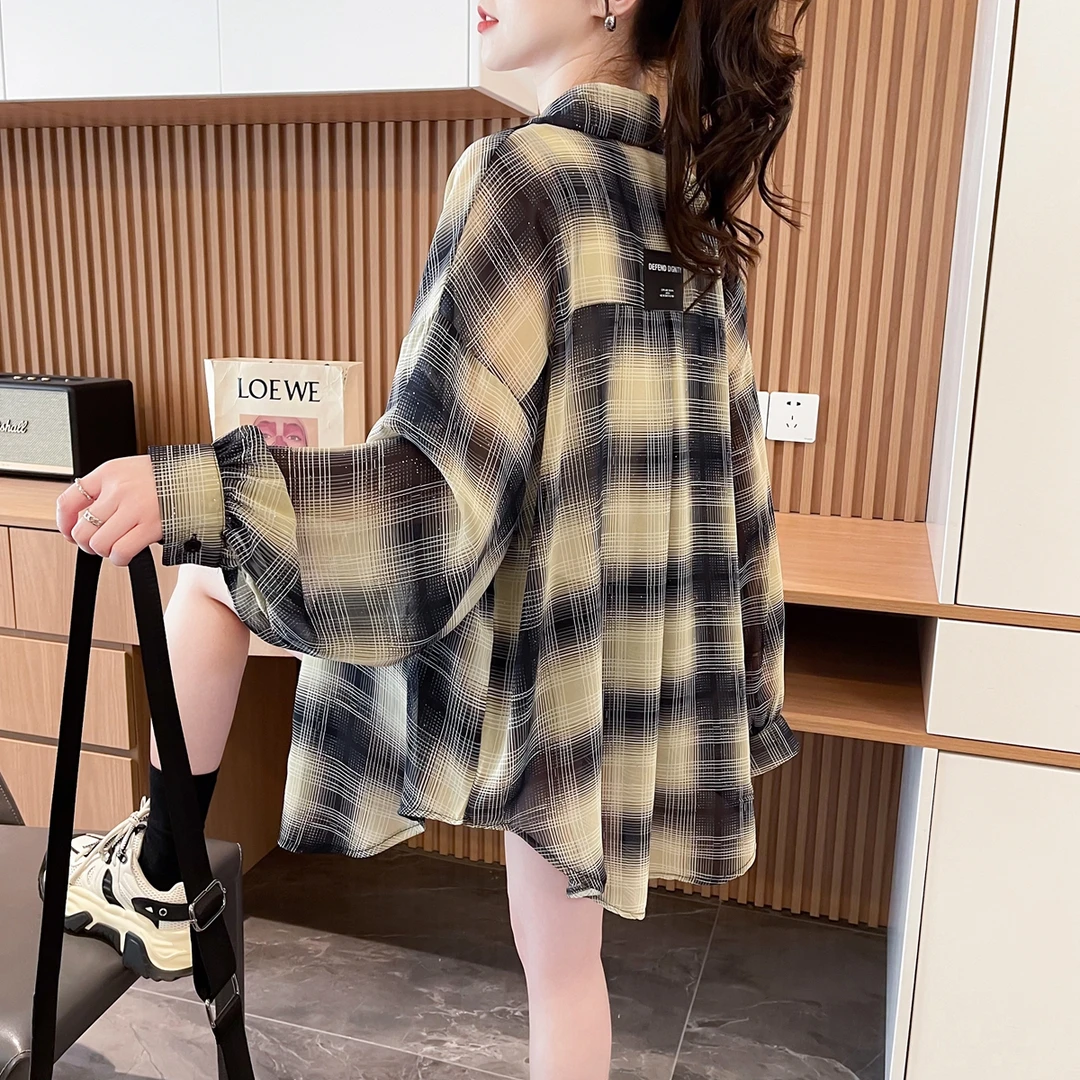 星空闪格子防晒衬衫女夏宽松中长款休闲百搭大码薄款长袖开衫外套