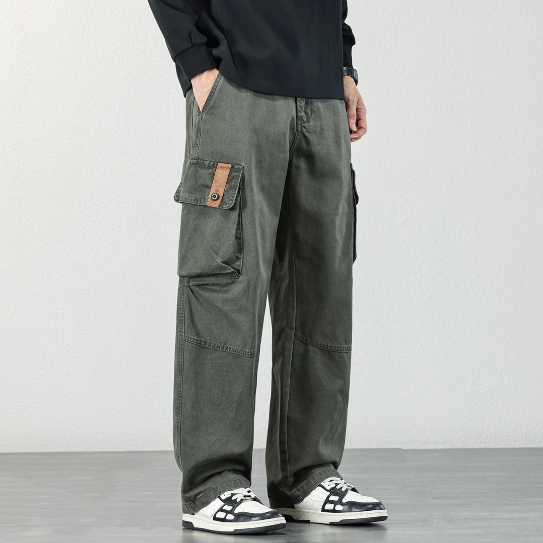 复古军绿色工装裤男2025秋冬重磅纯棉裤子宽松直筒休闲阔腿长裤潮