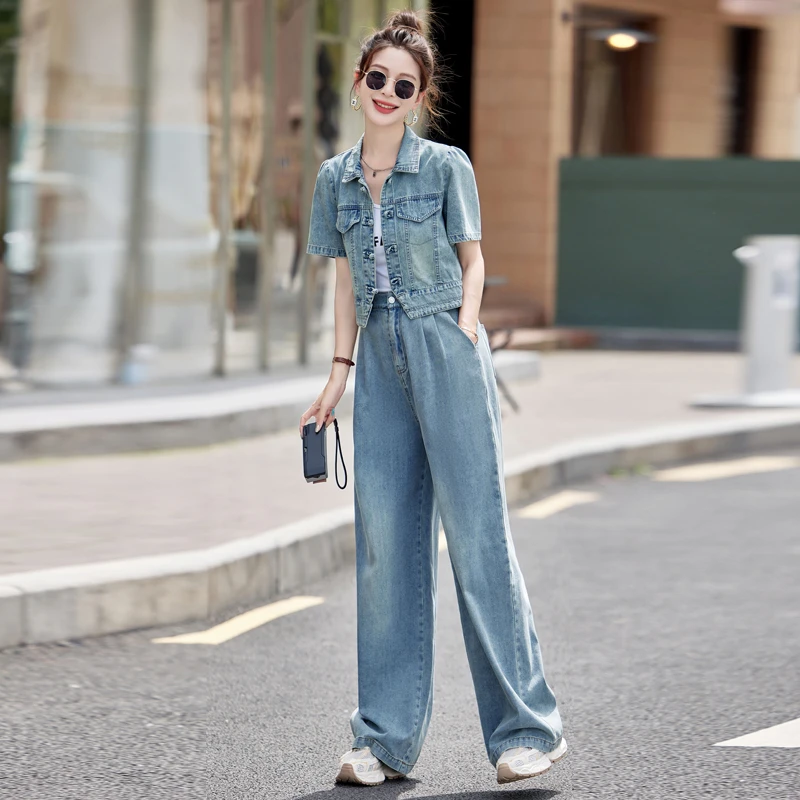 夏季新款时尚牛仔套装女2025年新中式直筒阔腿裤两件套遮肉显瘦潮