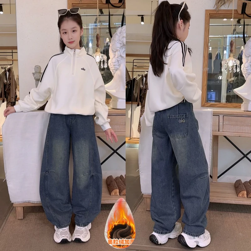 套装秋冬常规款宽松条纹中大童卫衣ol女套头字母百搭女大童牛仔裤
