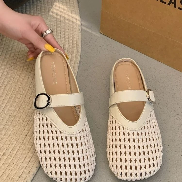 镂空包头半拖鞋女透气新款夏网面外穿软底拖鞋编织浅口平底凉拖LQ