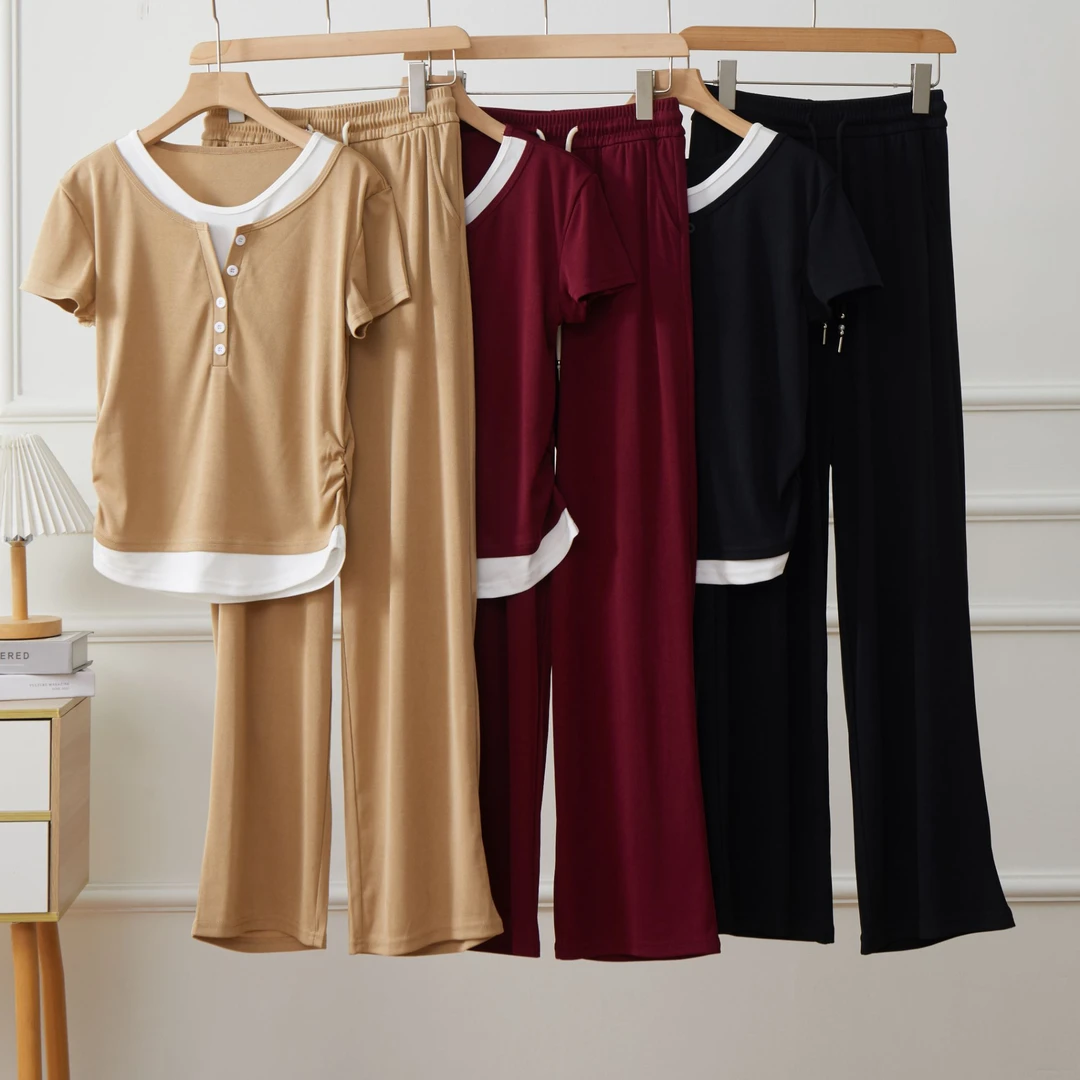 夏日冰丝螺纹假两件收腰套装【短衣+长裤】