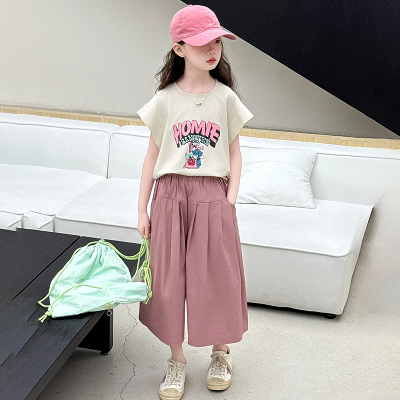 宽松常规女薄款上衣洋气韩版童装小童休闲风套装夏款女孩夏季卡通