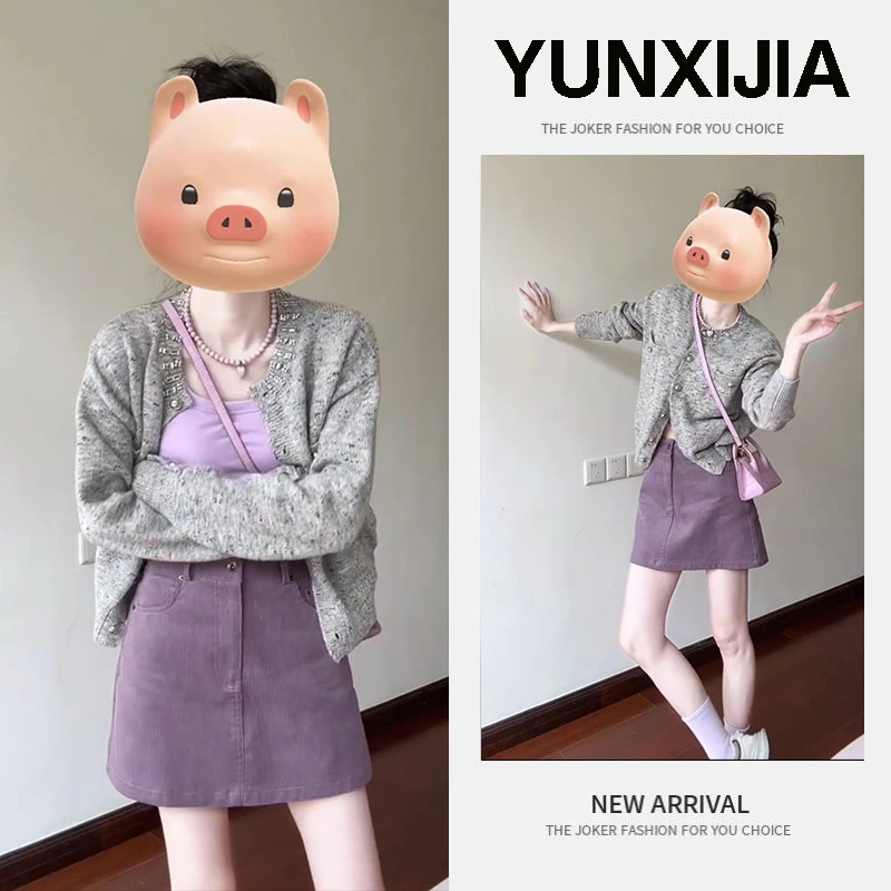 2025早秋一整套时尚韩系小香风甜美减龄吊带开衫短裙三件套