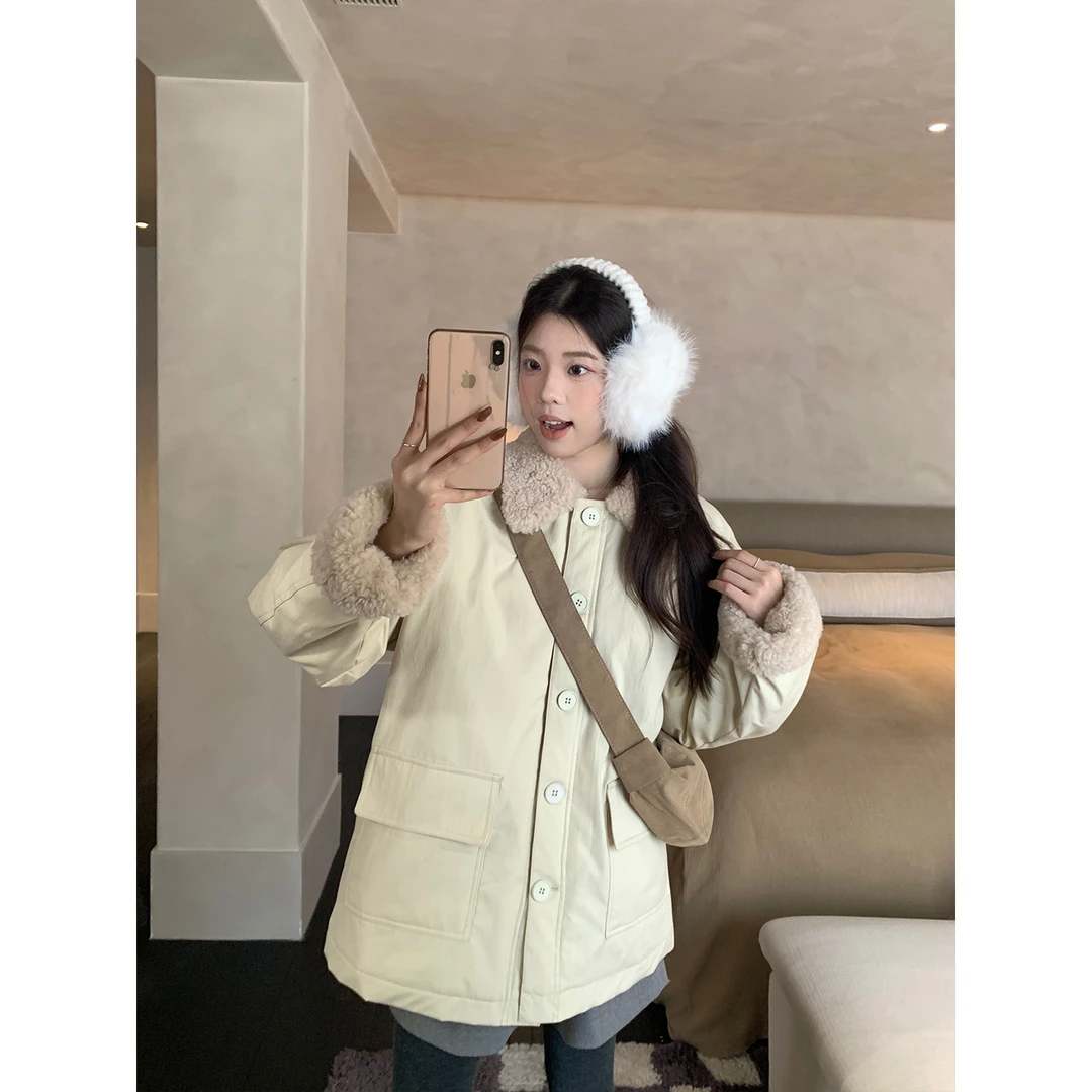 乌77设计感翻领拼接羊羔毛棉衣棉服女冬夹棉加厚巨好看的棉袄外套