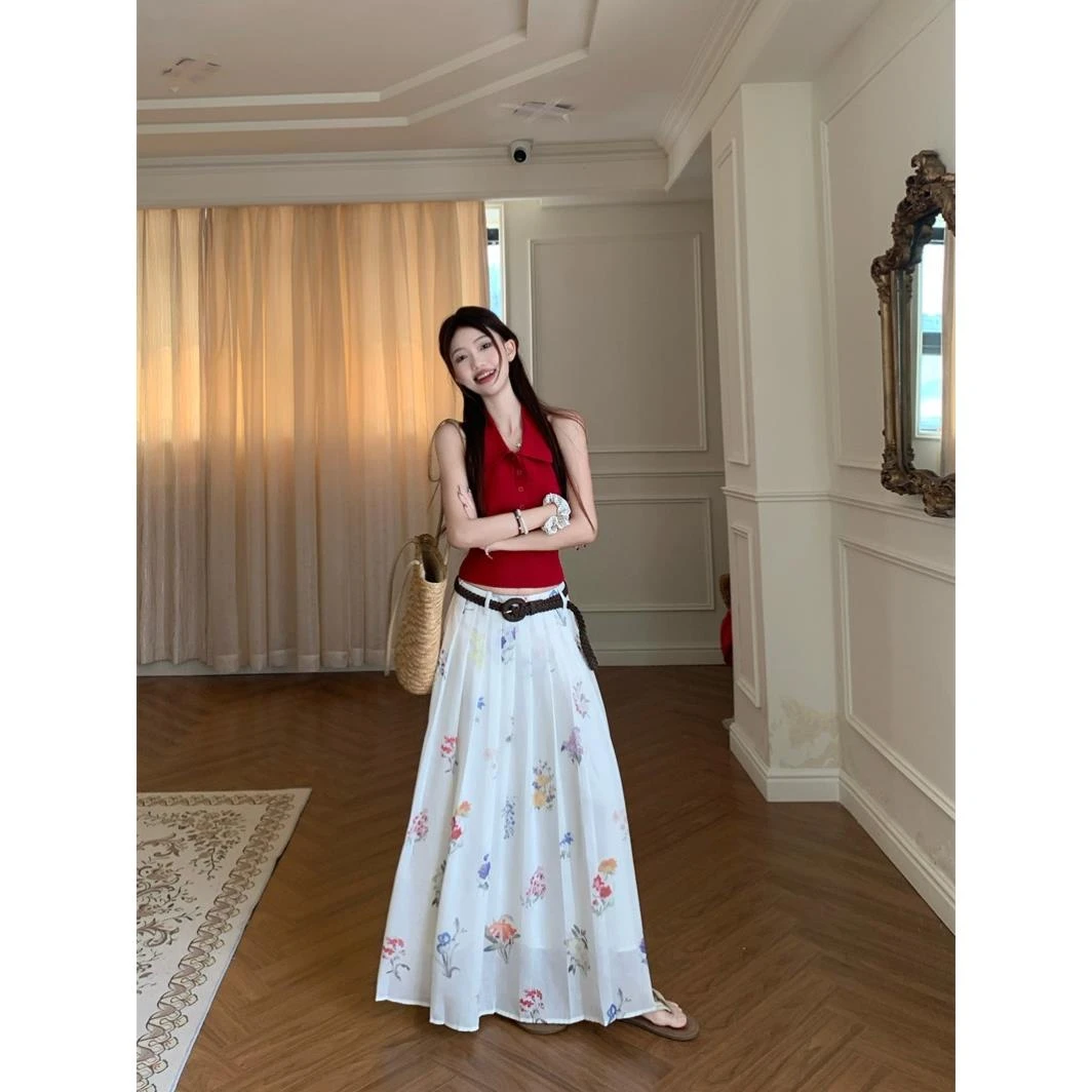 法式印花百褶半身裙女夏季设计感宽松大摆裙甜美高腰长裙a字裙子