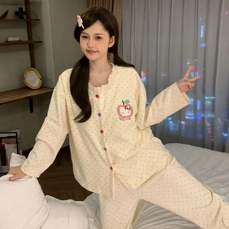 睡衣女生秋季长袖开衫花边蕾丝可爱少女家居服春秋款甜美圆点套装