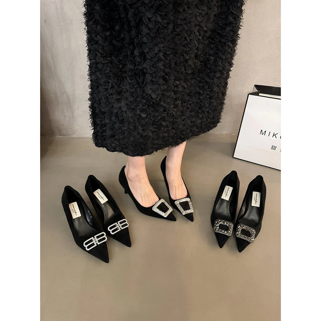 法式黑色尖头高跟鞋女鞋子2025新款春秋冬季气质细跟水钻晚风单鞋