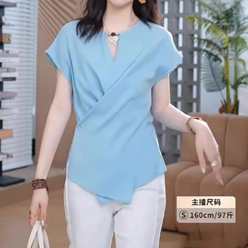 显瘦修身洋气上衣夏季薄款胖MM大码女装法式不规则交叉短袖T恤女