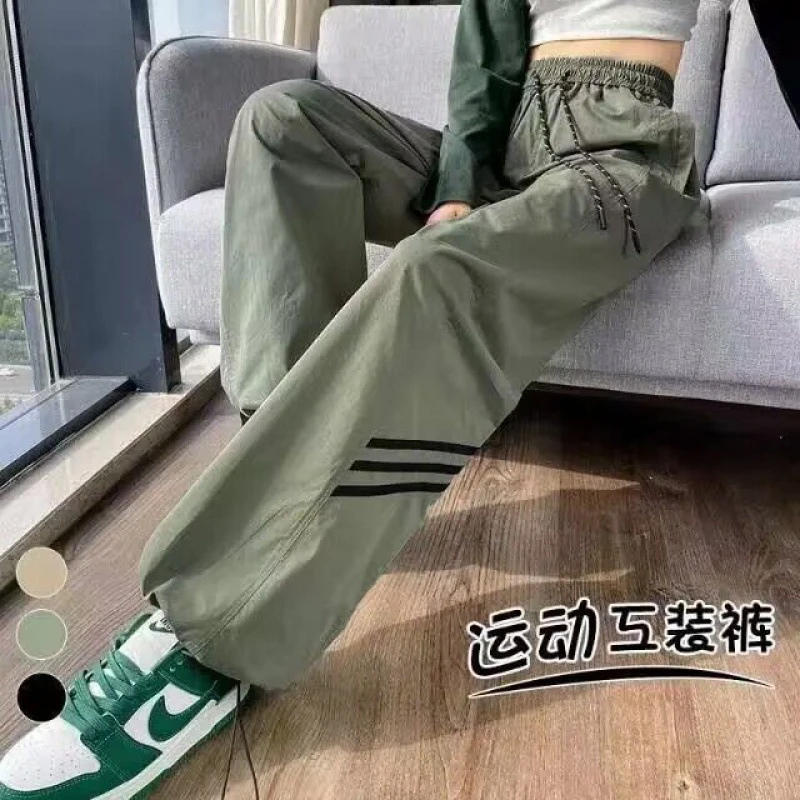 美式速干工装裤女2025夏黑色侧条杠束脚阔腿裤抽绳两穿休闲运动裤
