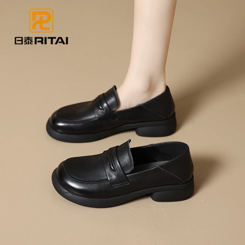日泰爆款真皮女单鞋新款秋冬厚底小皮鞋百搭通勤鞋软皮软底乐福鞋