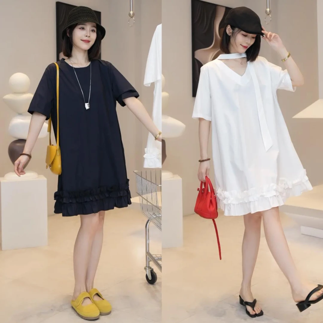 大码宽松连衣裙女法式木耳边蝴蝶结飘带短袖遮肉显瘦休闲T恤裙夏