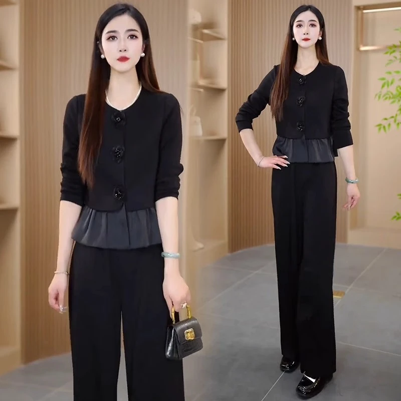 时尚套装女士2025春季新款洋气修身显瘦上衣阔腿裤法式减龄两件套