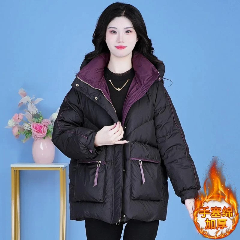 韩版加厚保暖连帽棉服女2025冬季新款设计感撞色宽松休闲显瘦外套