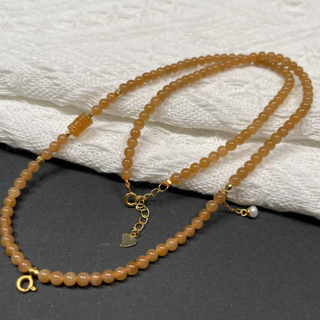 碧玺桶珠4毫米糖料珠链50+5厘米和田玉项链黄金糖色国风