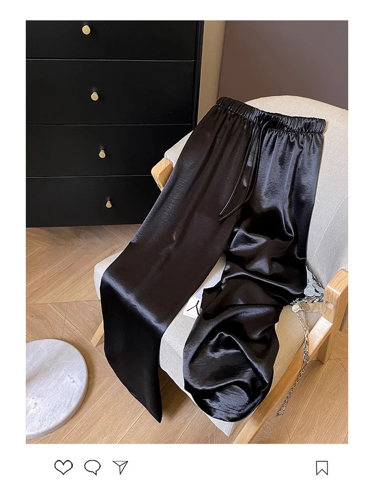 显瘦薄款百搭缎面裤夏新款松紧高腰肌理感休闲直筒裤裤子2025夏季