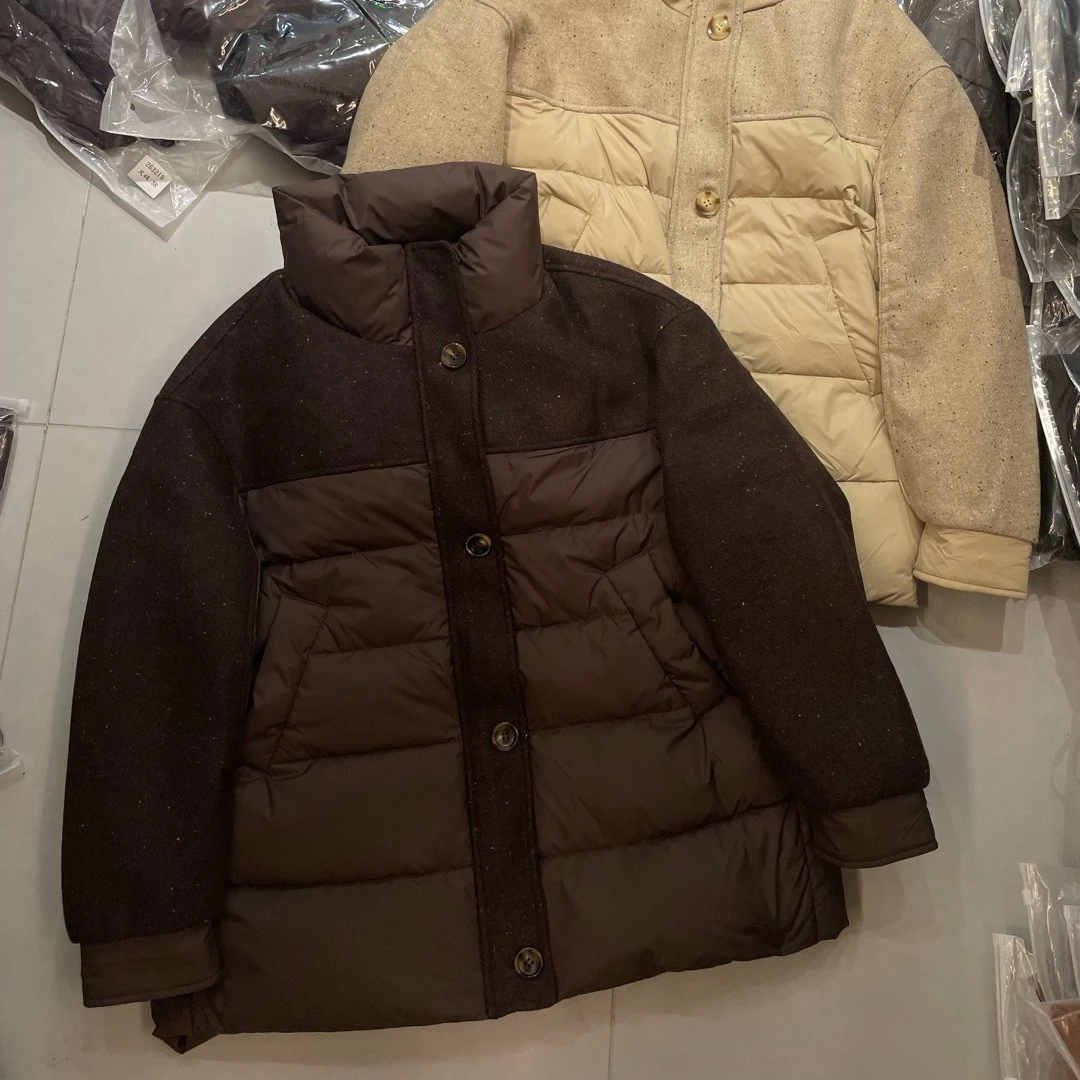 冬季韩系设计感立领亮片毛呢拼接保暖白鸭绒女款外套