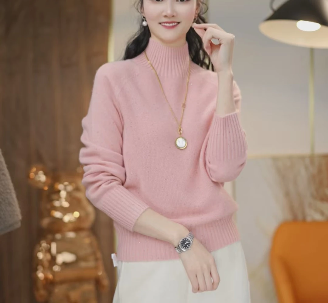 (重磅加厚100%全羊毛）一线成衣保暖烫钻半高领百搭洋气针织衫6007