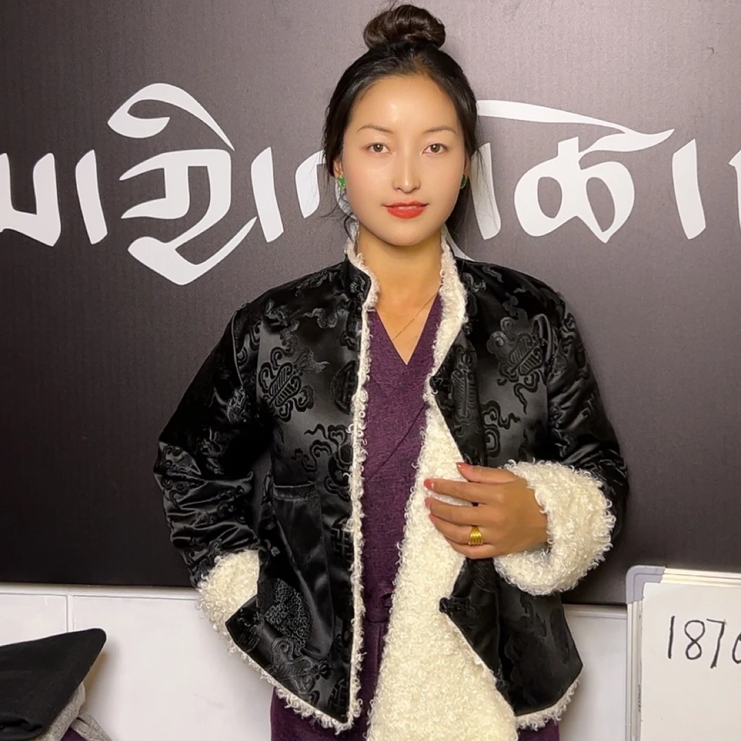 女款中长款雪尼尔毛绒包边藏式保暖外套时尚配色民族风休闲短款