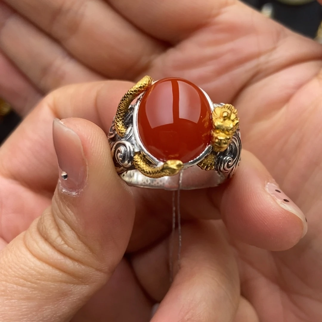 南红玛瑙银S925镀金镶嵌戒指S925银南红玛瑙饰品