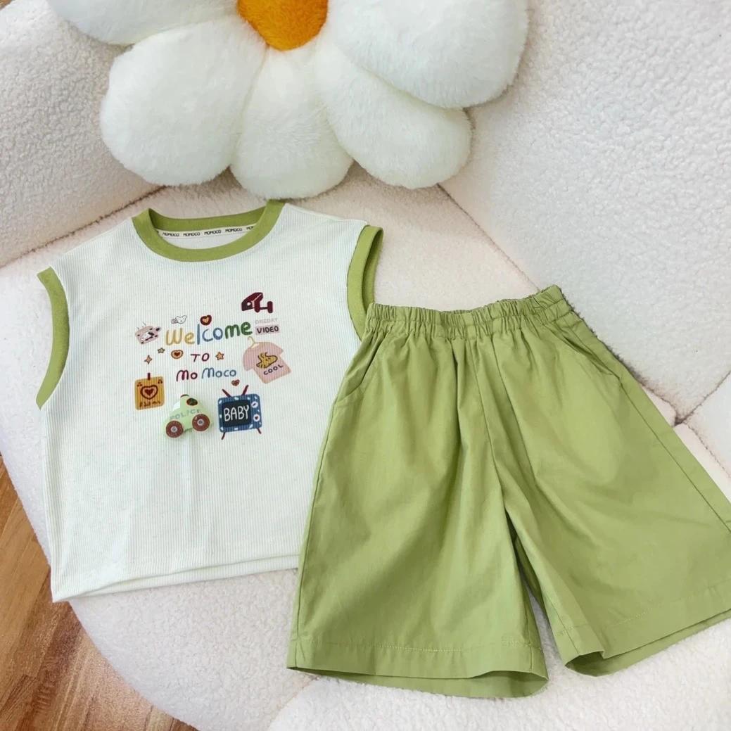 MOMOCO夏季男童时尚绿野仙踪韩版小汽车公仔无袖套装77230580054