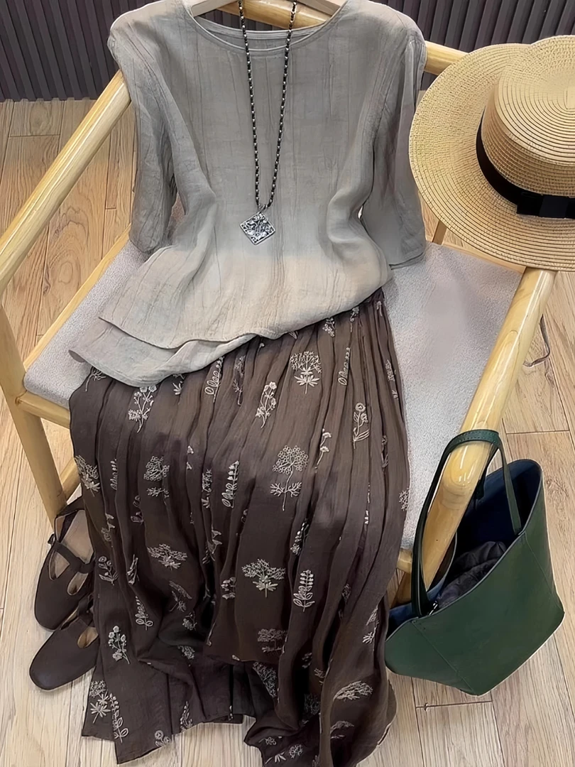 日系禅意复古气质宽松显瘦极简风灰色苎麻上衣印花半身裙两件套装