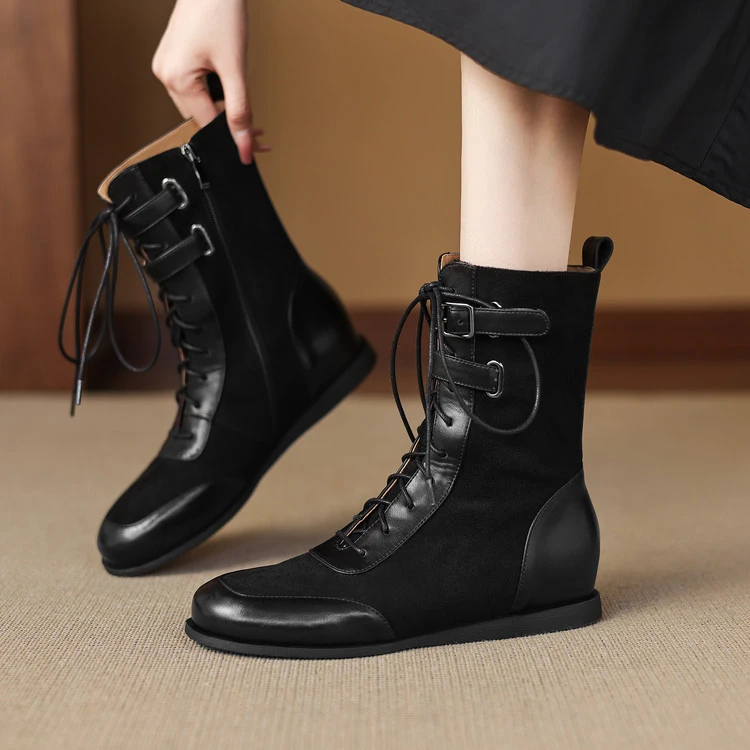 2025新款平底内增高休闲时尚磨砂牛反皮系带中筒靴拳击靴