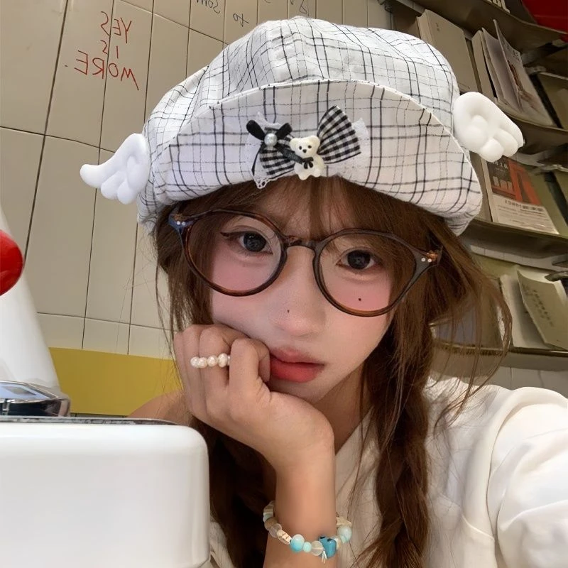 日系格纹小熊蝴蝶结贝雷帽夏百搭显脸小画家帽子小众可爱帽子女款