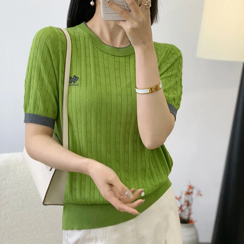 【香嘉怡新品】XJYE7181女士100莱赛尔麻花竖条纹夏季显瘦针织衫