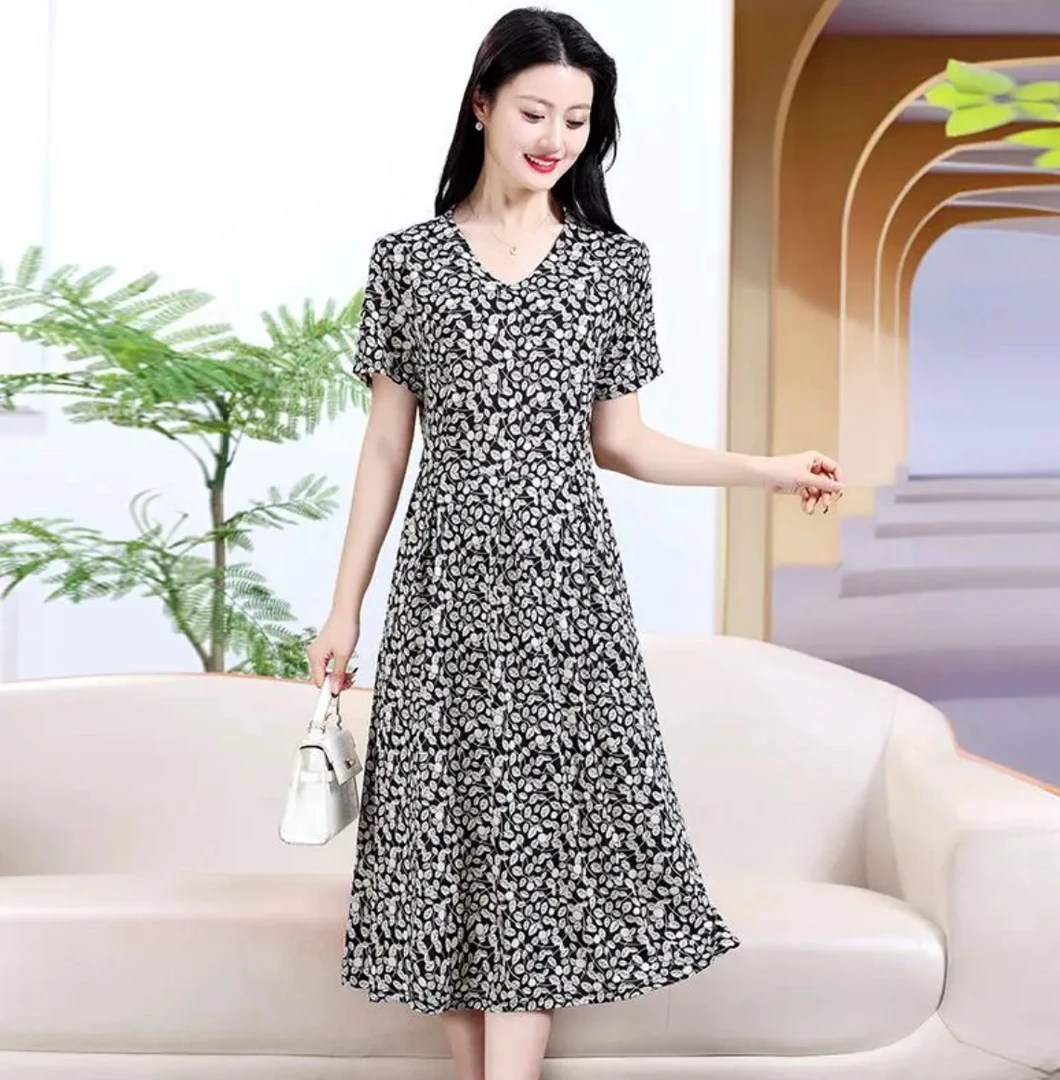 【W000黑花】2025时尚优雅百搭洋气款夏季短袖中长款裙