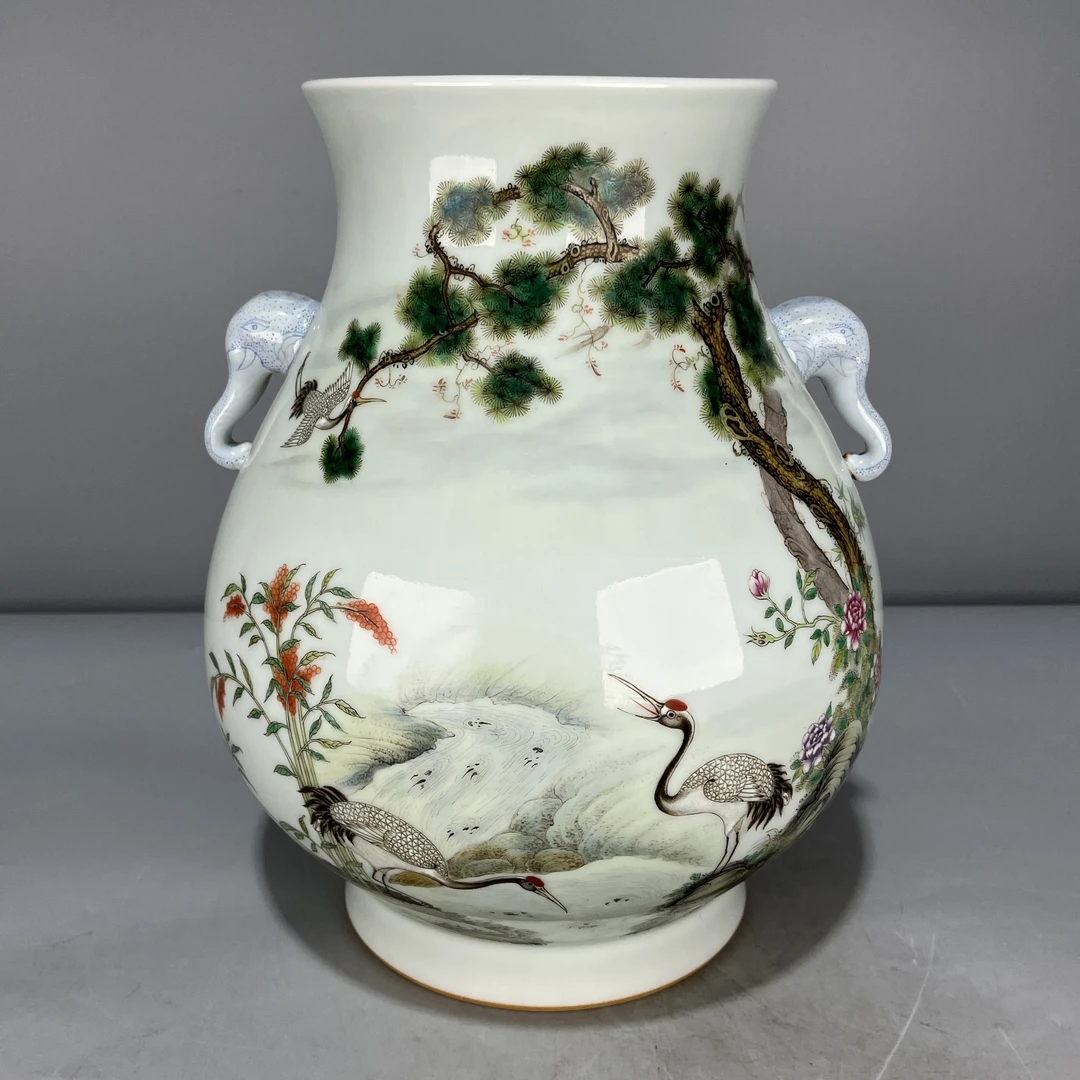 当代仿制 仿古大清雍正年制粉彩松鹤延年象鼻尊