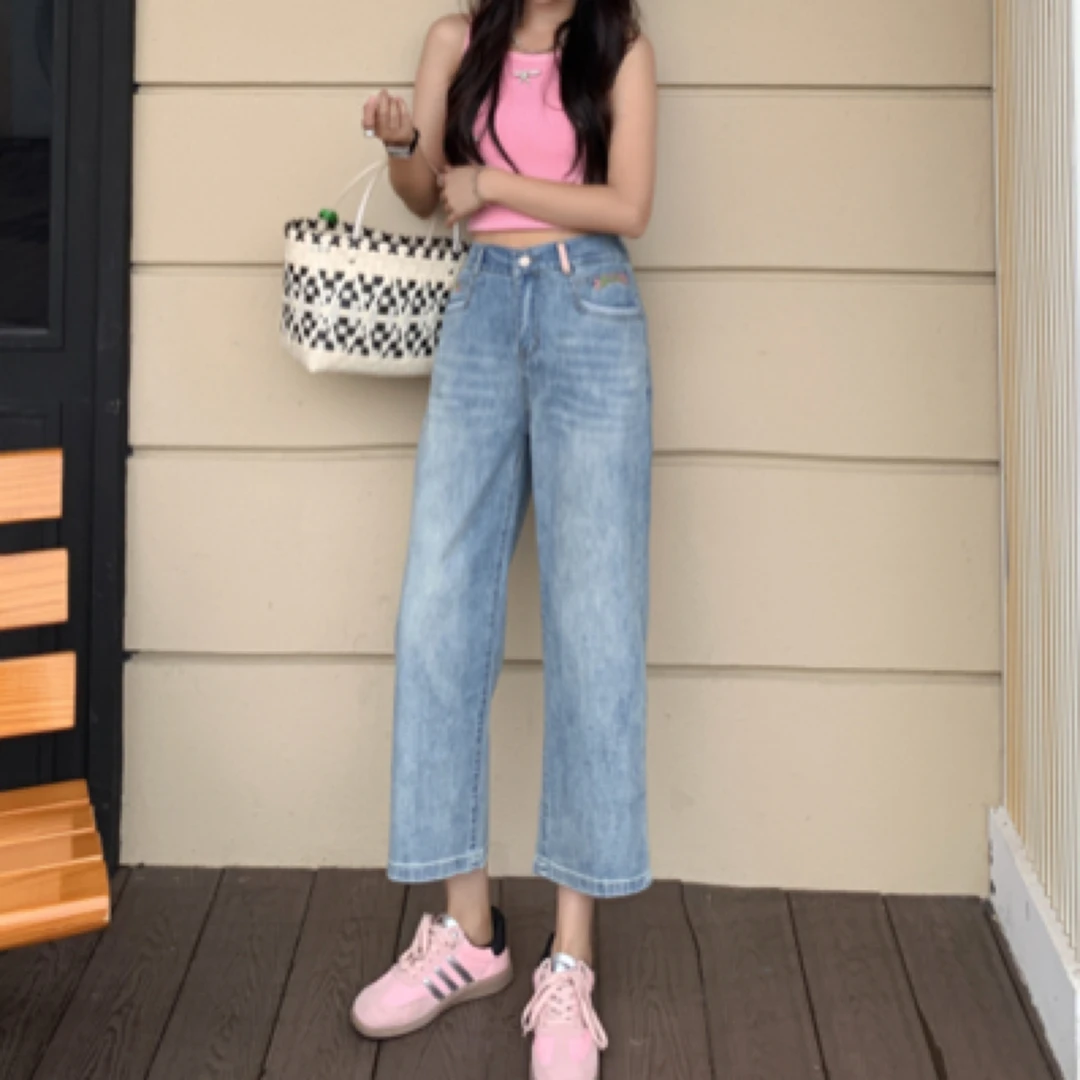 98077#【裤长83】夏季高腰显瘦薄款直筒小个子百搭牛仔裤