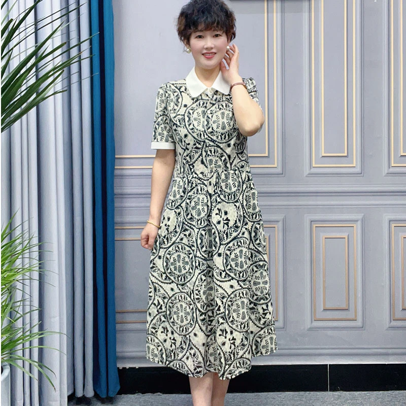 2025新款短袖夏季青花瓷妈妈连衣裙时尚遮肚显瘦洋气中老年女长裙