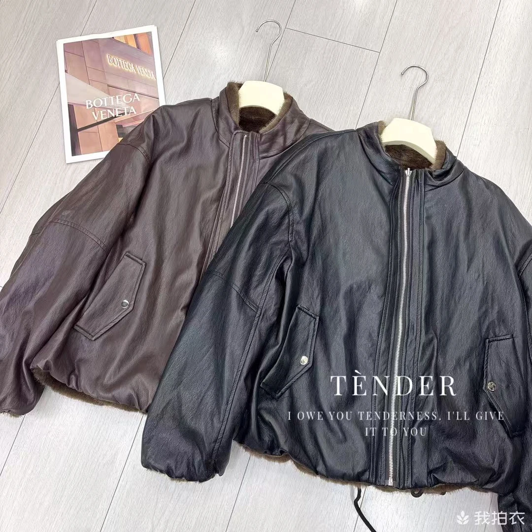 KJ2683复古宽松二面穿立领皮衣外套