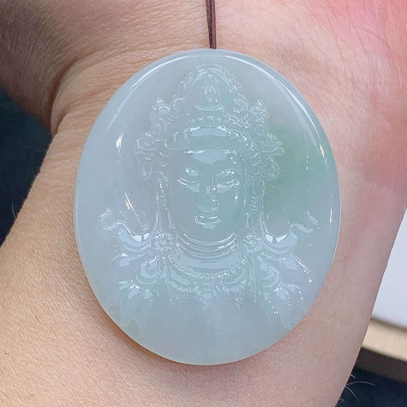 精雕 飘绿 观音 吊坠 挂坠 21.84g 缅甸天然A货翡翠玉石