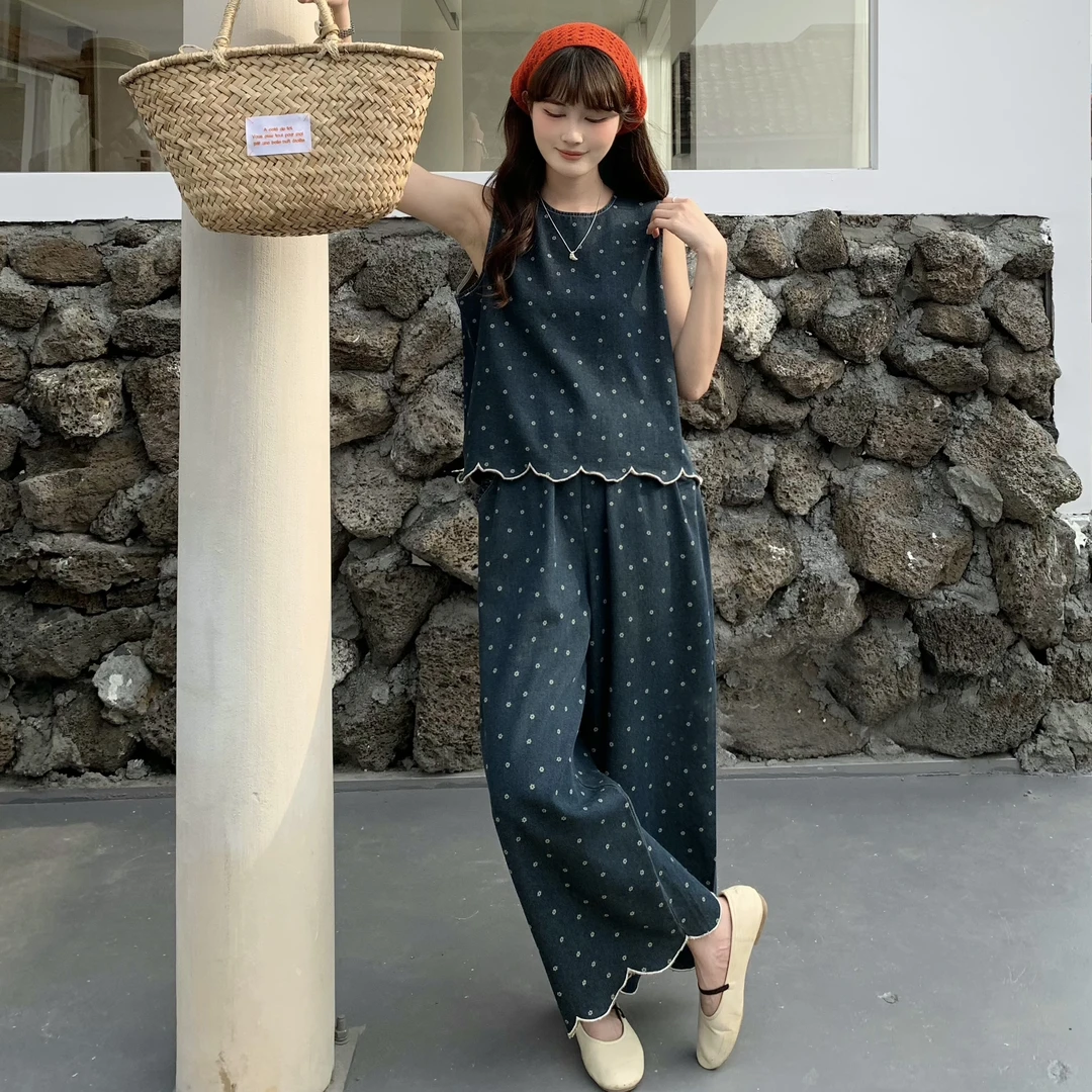 波点花边水洗牛仔套装女夏季宽松无袖马甲百搭阔腿牛仔裤两件套装