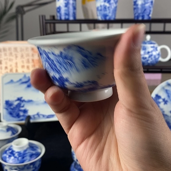 往***烟陶景德镇手工手绘青花山水压手