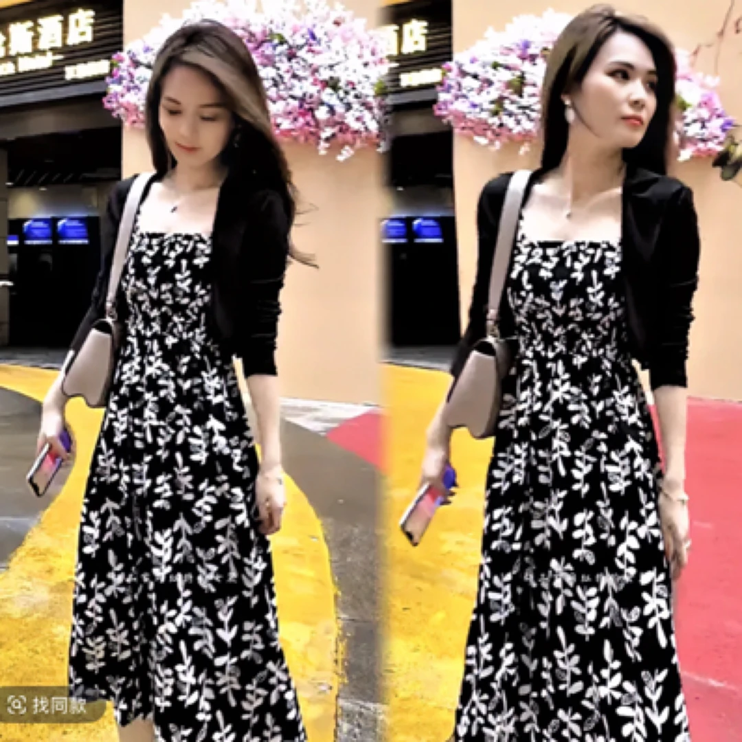 A02时尚洋气碎花吊带连衣裙开衫适合春夏季节