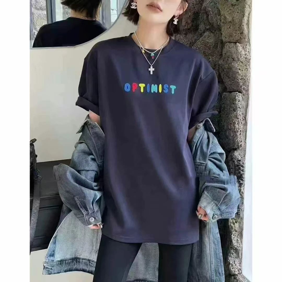 深圳南油短袖印花卡通刺绣字母圆领T恤拼色大版休闲短袖百搭休闲