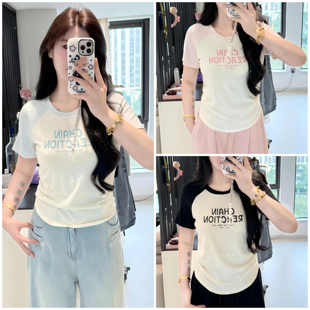 李潇洒 微胖大码夏季撞色插肩袖圆领字母印花侧捏褶收腰短袖T恤