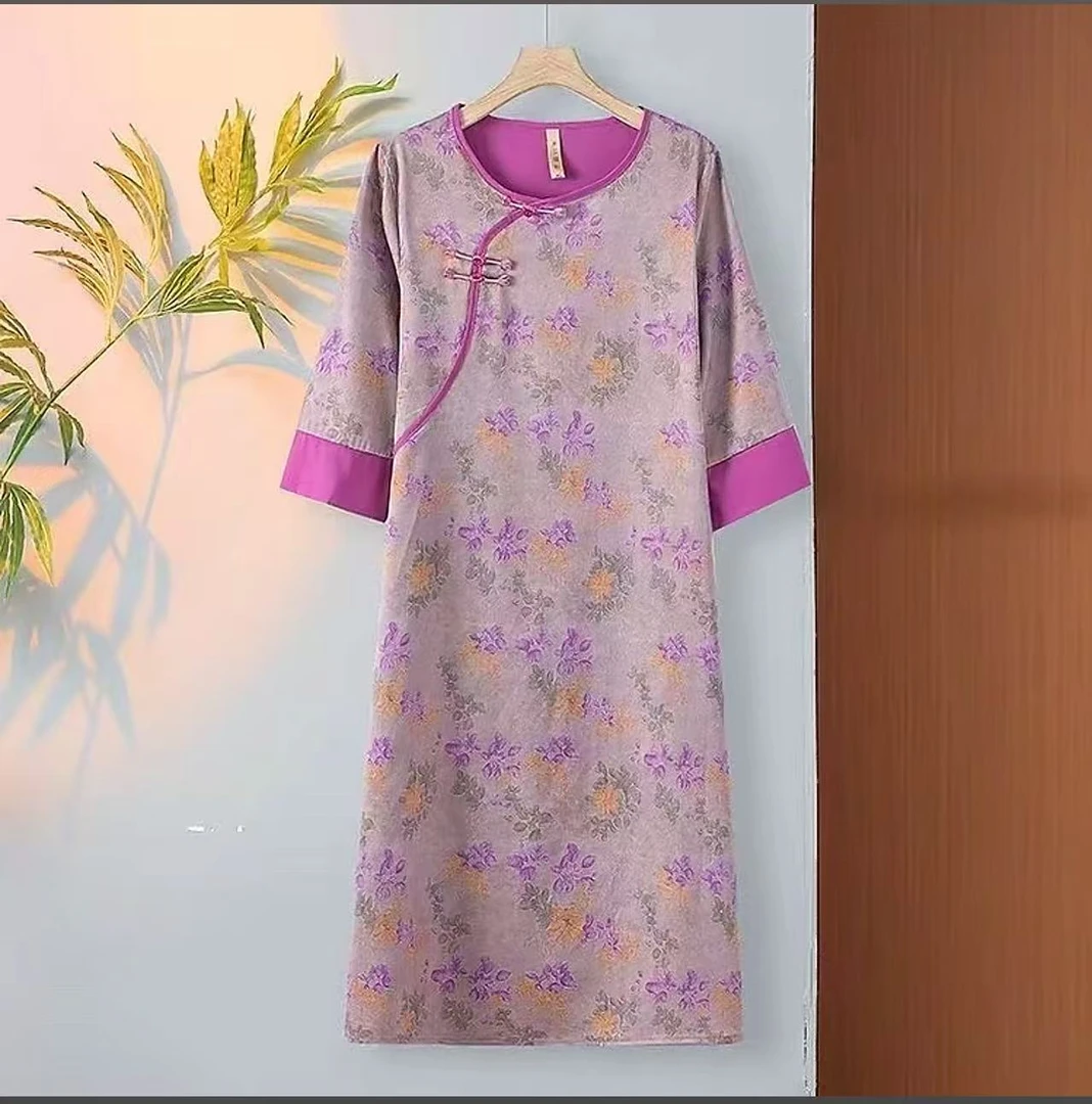 （ 莫奈紫 ）2025高定复古手工定制长袖春季国风宽松中长款连衣裙