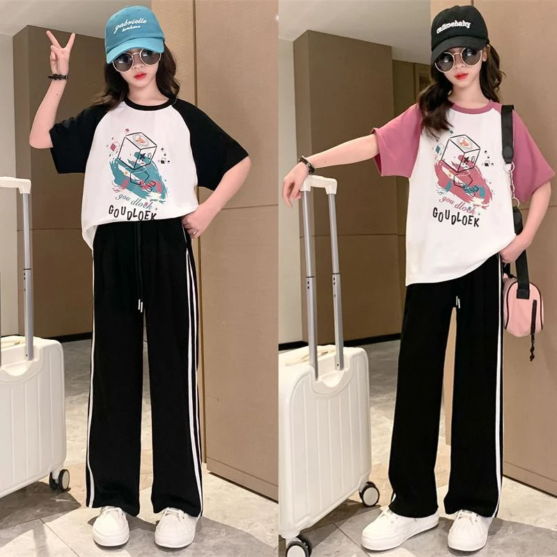 女童夏季套装2025新款洋气大童休闲直筒运动裤两件套儿童短袖夏装