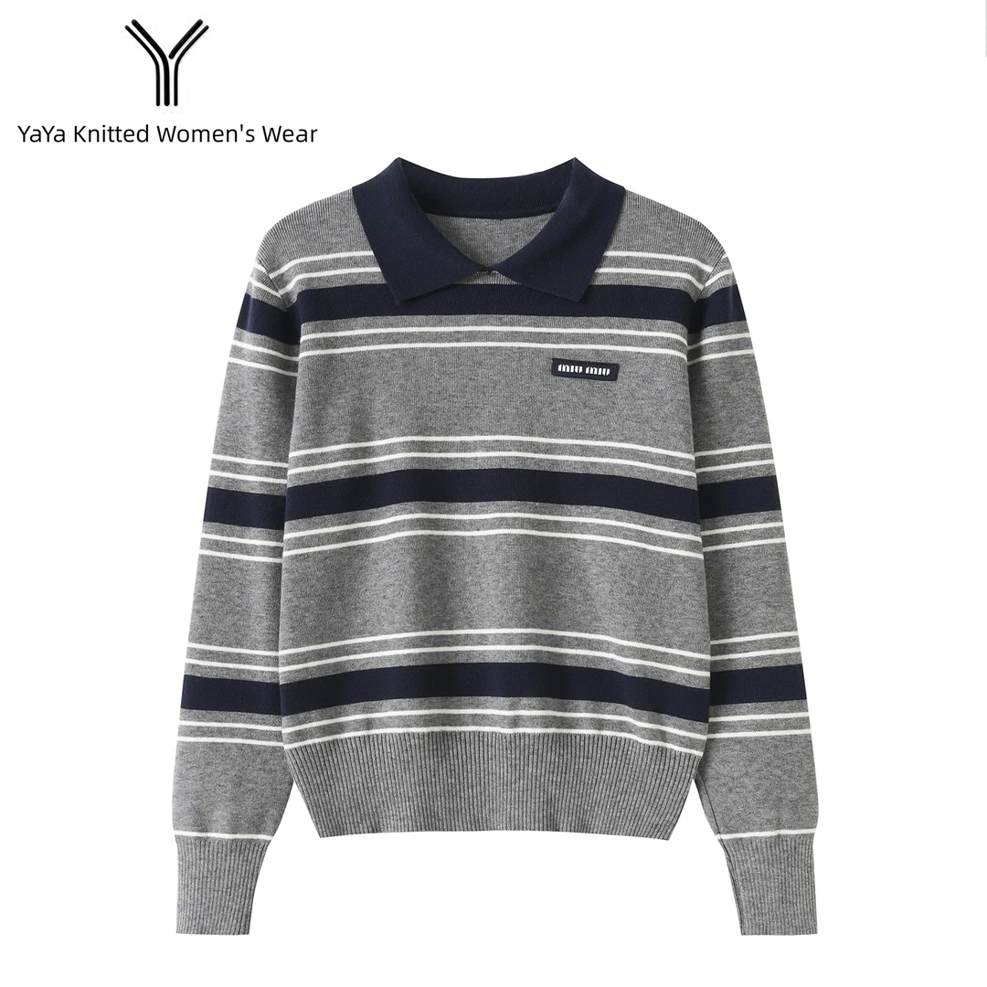 秋季Miu系条纹学院风时尚撞色毛针织衫毛衣2162