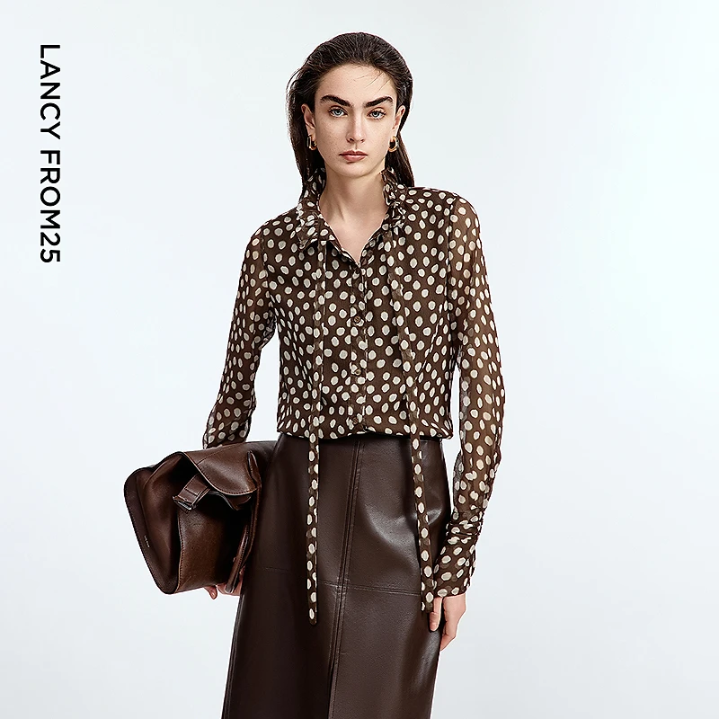 朗姿法式波点系带荷叶领衬衫长袖通勤设计感上衣2025年秋季新款