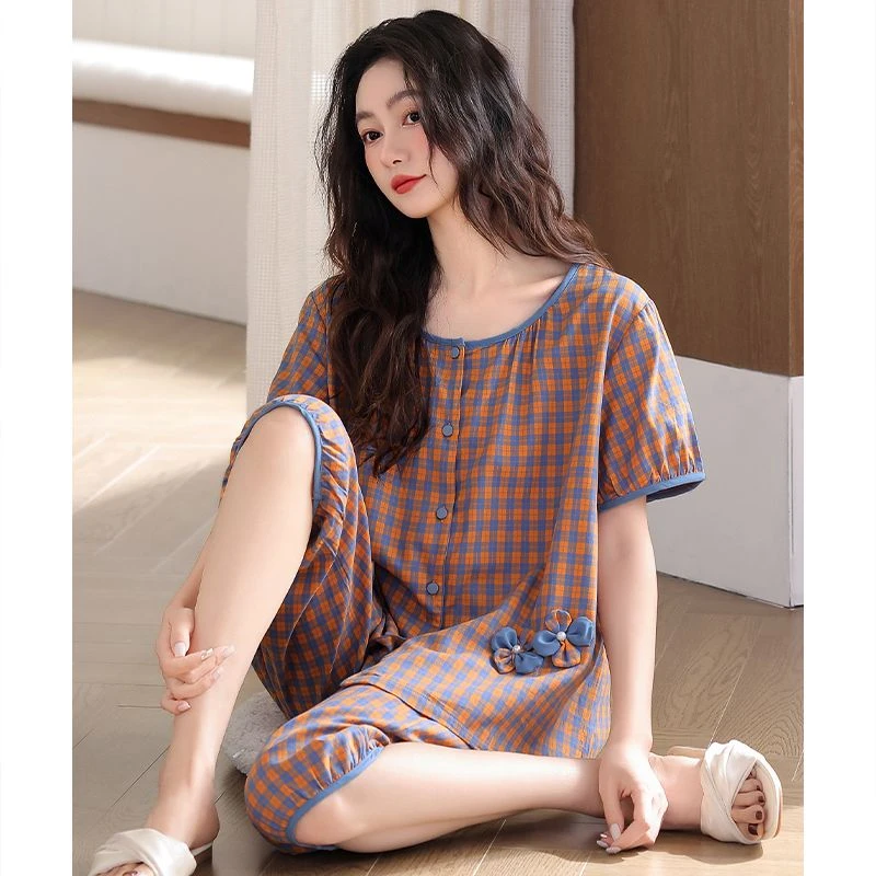 梭织棉纱布睡衣女夏季纯棉短袖七分裤薄款全棉中年妈妈夏款家居服