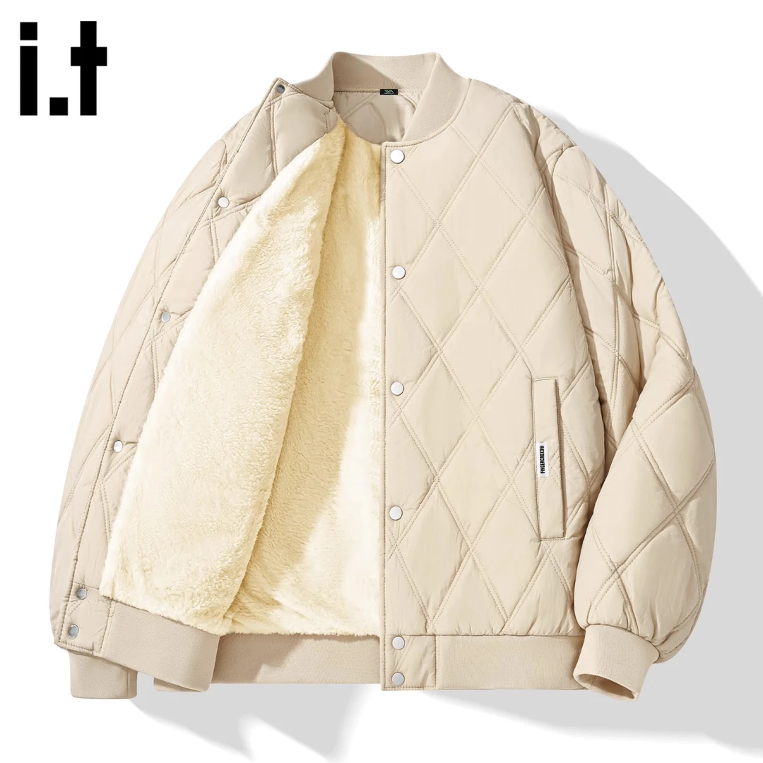 it FINGERCROXX加绒棒球领棉服男士冬季新款浅色内里加厚保暖棉衣